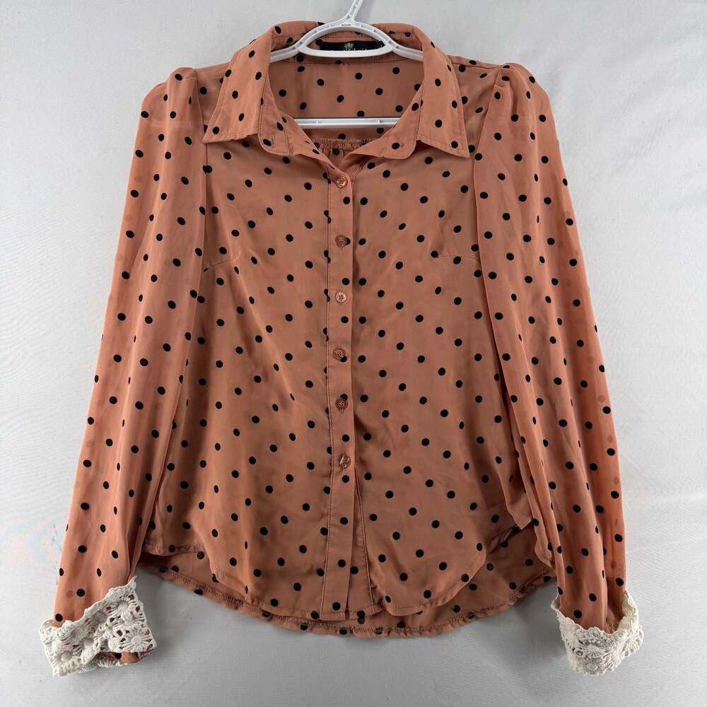 0647 WL Peach and Black Polka Dot Long Sleeve Blouse with Crochet Lace Cuffs